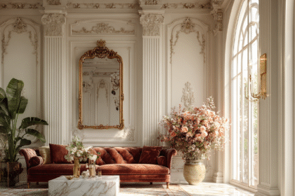 Gold-framed statement mirror above a velvet sofa in a luxurious, sunlit living room with classic architectural details.