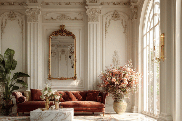Gold-framed statement mirror above a velvet sofa in a luxurious, sunlit living room with classic architectural details.