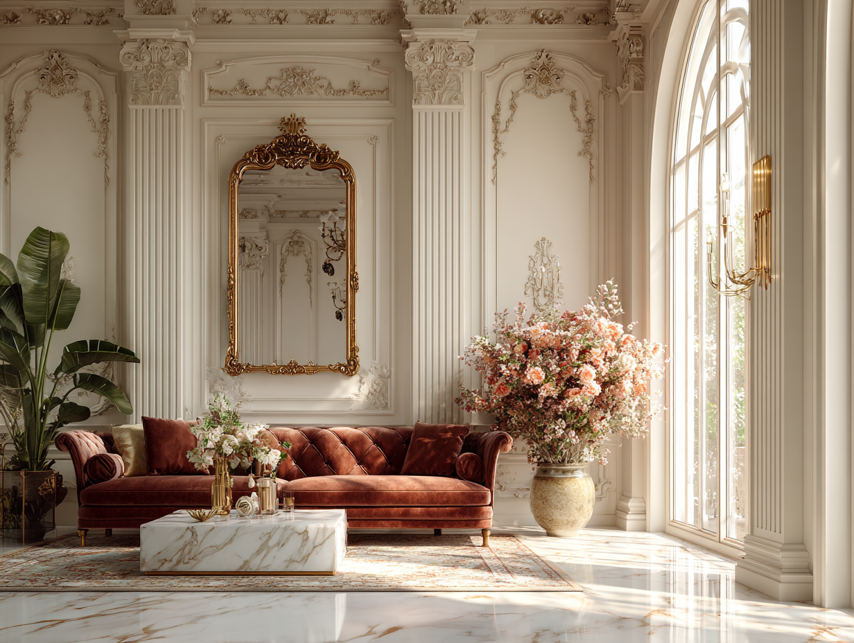 Gold-framed statement mirror above a velvet sofa in a luxurious, sunlit living room with classic architectural details.