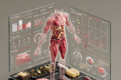 Illustration of the human body showing visceral fat, muscle structure, and health analytics on a digital smart scale interface.