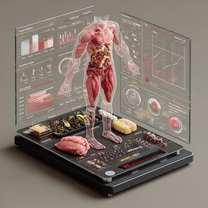 Illustration of the human body showing visceral fat, muscle structure, and health analytics on a digital smart scale interface.