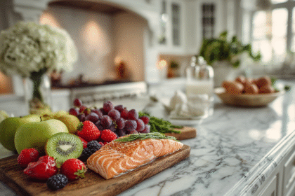 Fresh fruits, salmon, and milk on a marble kitchen counter — rich in both water- and fat-soluble vitamins