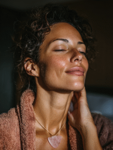 A woman with glowing, makeup-free skin wrapped in a towel, eyes closed peacefully — symbolizing confidence, inner calm, and mindful beauty.