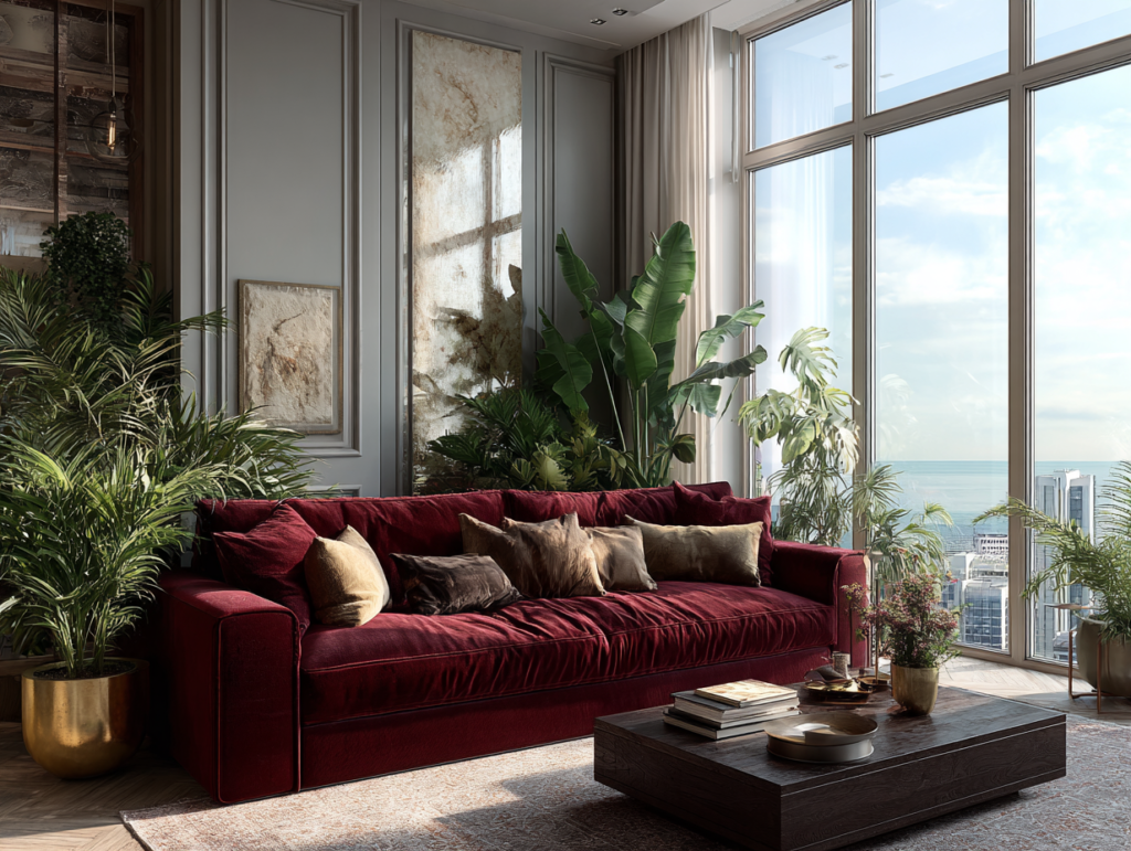 Bold modern living room with velvet sofa, rich wood textures, gold accents, and greenery reflecting 2026 home décor trends