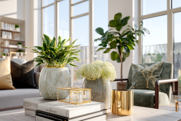 Modern living room with gold accents, greenery, coffee table books, and soft textures reflecting bold and intentional home décor trends for 2026