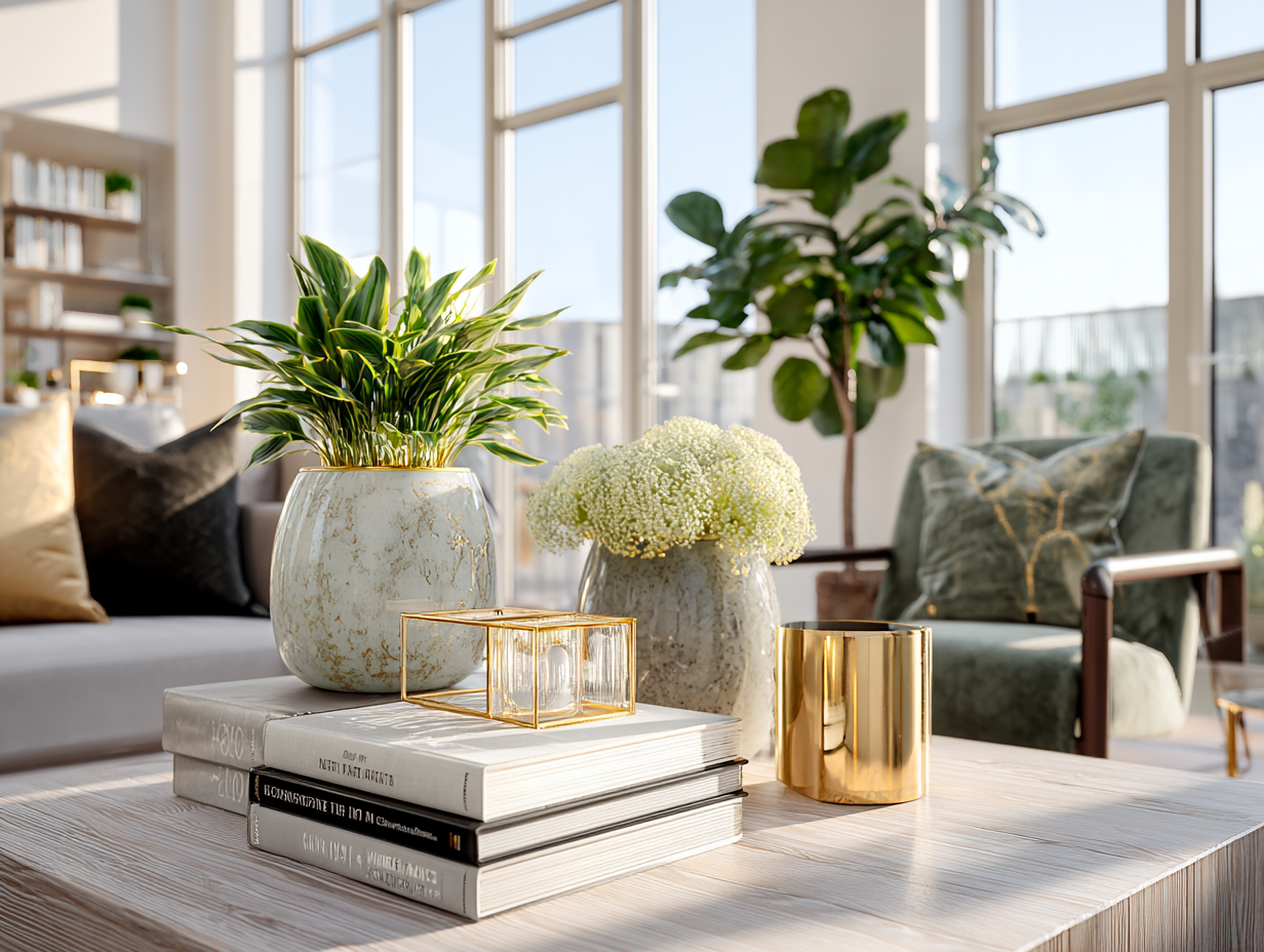 Modern living room with gold accents, greenery, coffee table books, and soft textures reflecting bold and intentional home décor trends for 2026