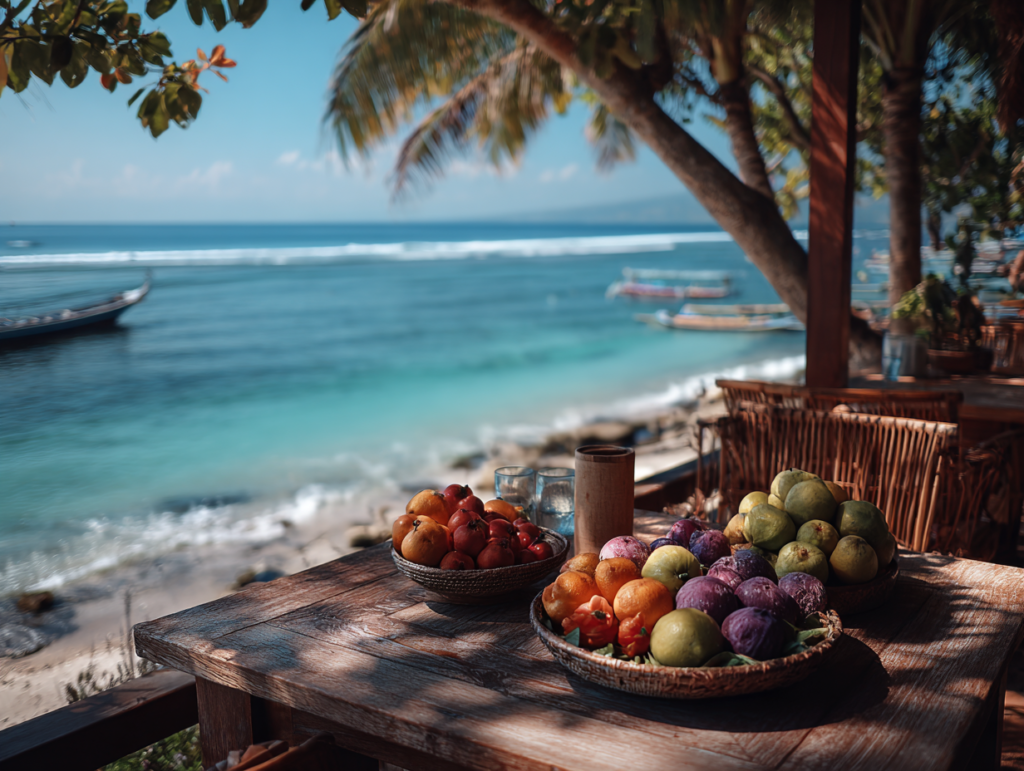 Tropical beachside table with fresh fruit overlooking the ocean, representing intentional rest and beach travel
