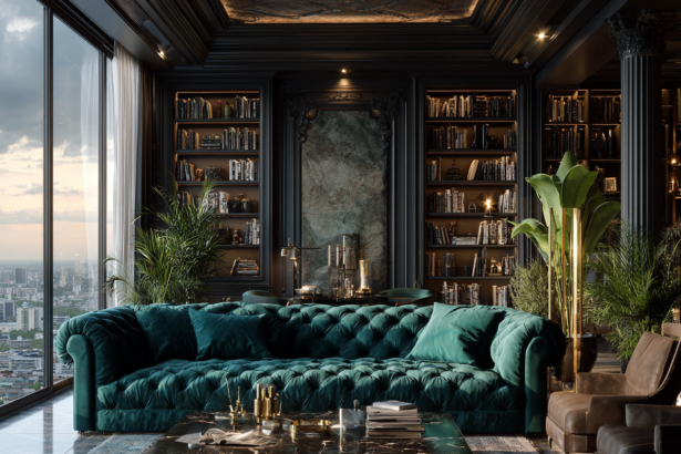 Emerald velvet sofa in a dark, dramatic living room with statement bookshelves and layered lighting