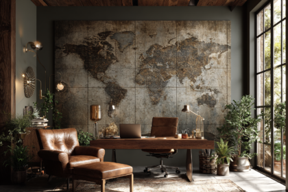 Brown and taupe home office with wood desk, leather chair, and warm gold accents