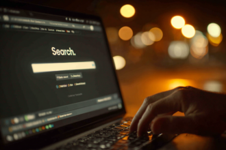 Hand typing on laptop with search bar on screen at night, symbolizing digital product creation and online entrepreneurship.