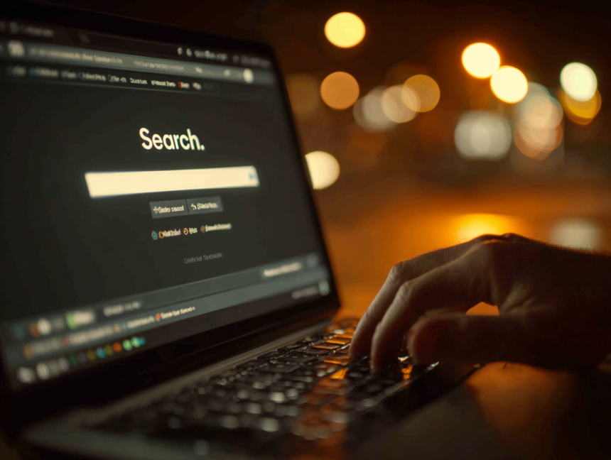 Hand typing on laptop with search bar on screen at night, symbolizing digital product creation and online entrepreneurship.