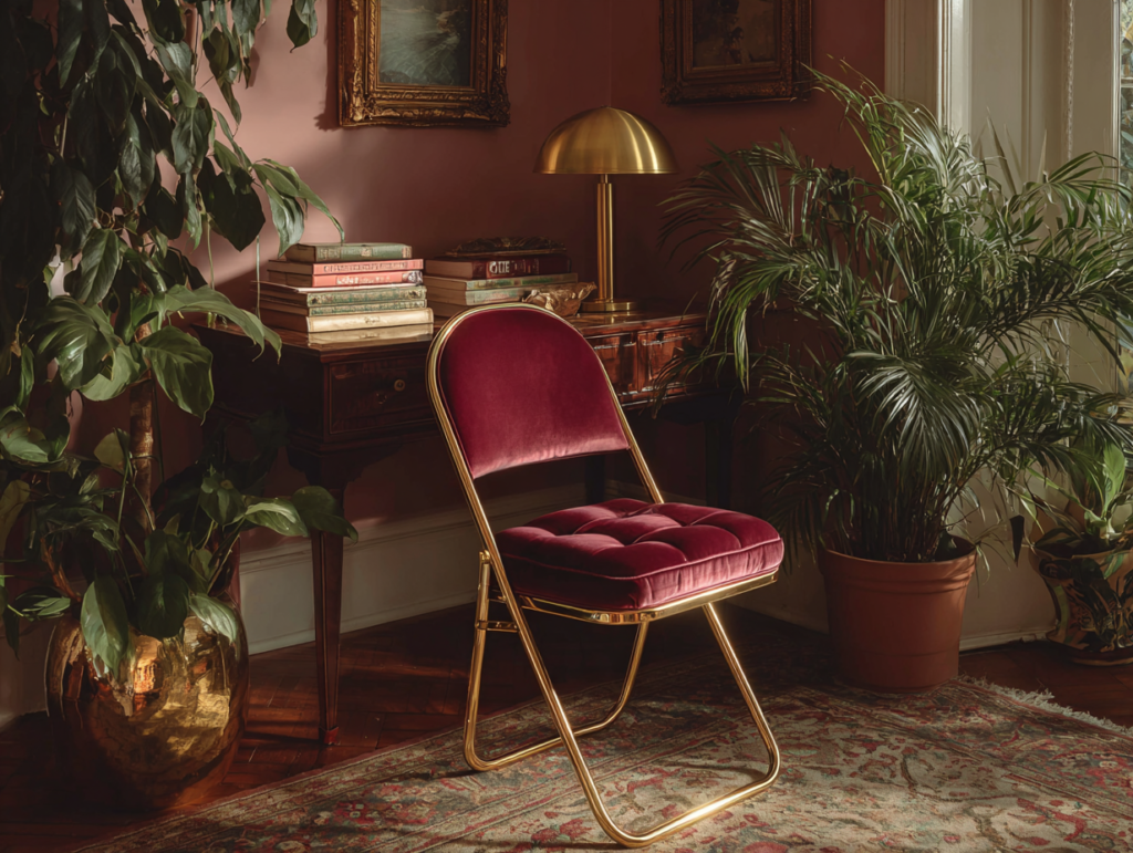 Burgundy accent chair with gold frame set against warm brown walls, layered textiles, and vintage-inspired decor