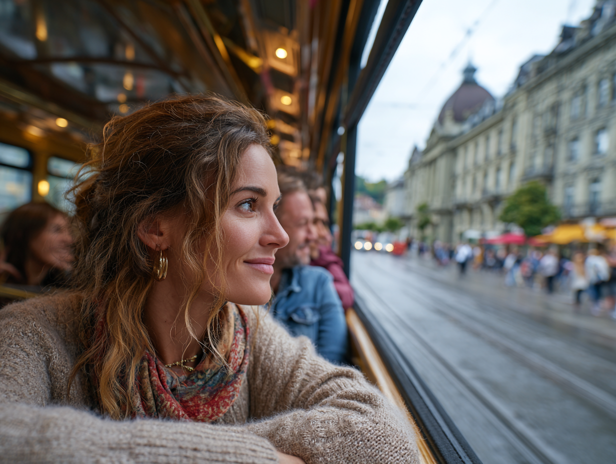 Woman looking out of a tram window while traveling through a European city, symbolizing cultural exploration and live event experiences.