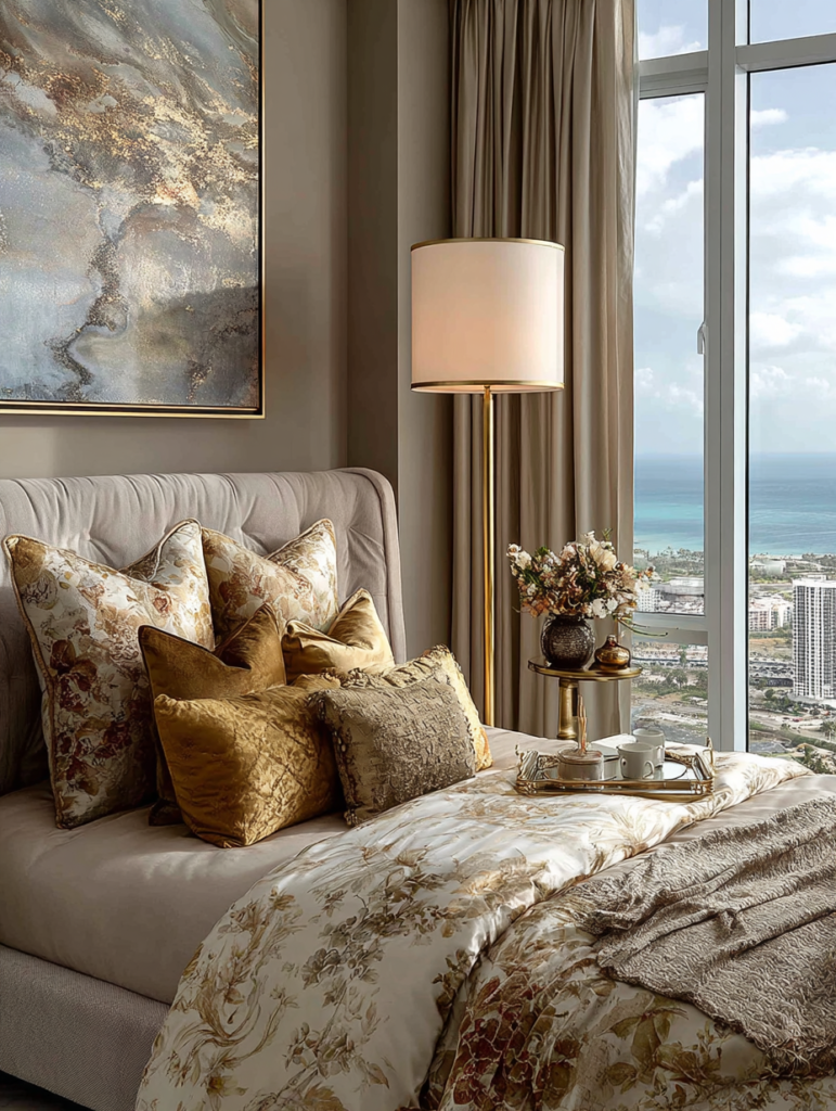 Corner floor lamp in a high-rise bedroom providing soft ambient lighting while preserving a city skyline view