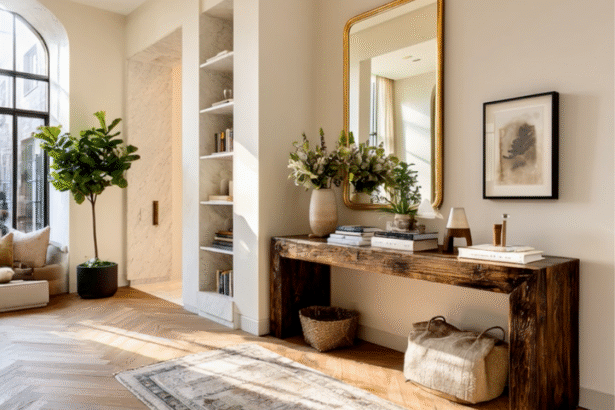 Warm entrance with rustic wooden console table, gold-framed mirror, indoor plants, and sunlit cozy decor.