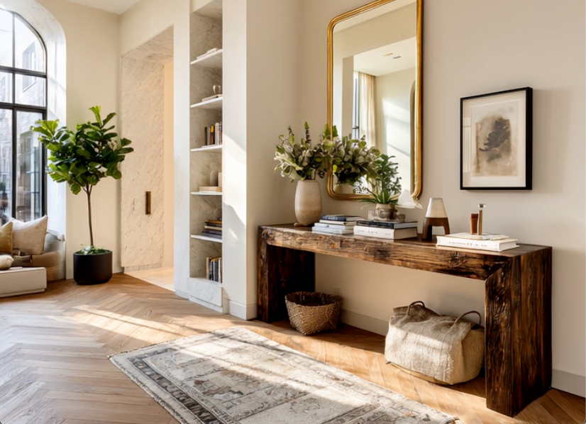Warm entrance with rustic wooden console table, gold-framed mirror, indoor plants, and sunlit cozy decor.