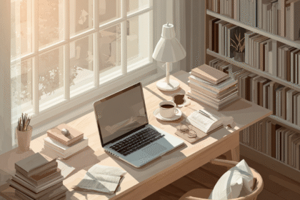 sunlit home office with laptop, books, and coffee symbolizing financial freedom, creativity, and peace