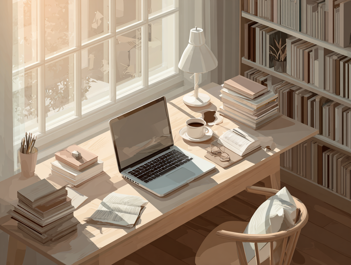 sunlit home office with laptop, books, and coffee symbolizing financial freedom, creativity, and peace