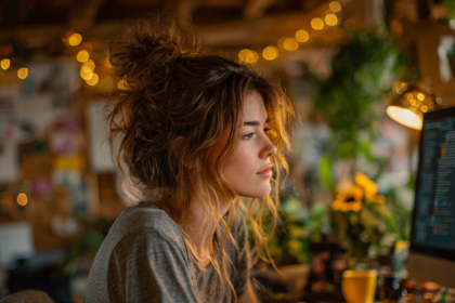 A creative female entrepreneur working at her desk, focused on her computer in a cozy, plant-filled workspace with warm lighting.