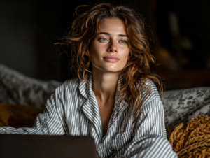 A creative woman in striped pajamas sitting on a couch, deep in thought as she begins her day, representing the early stages of idea development.