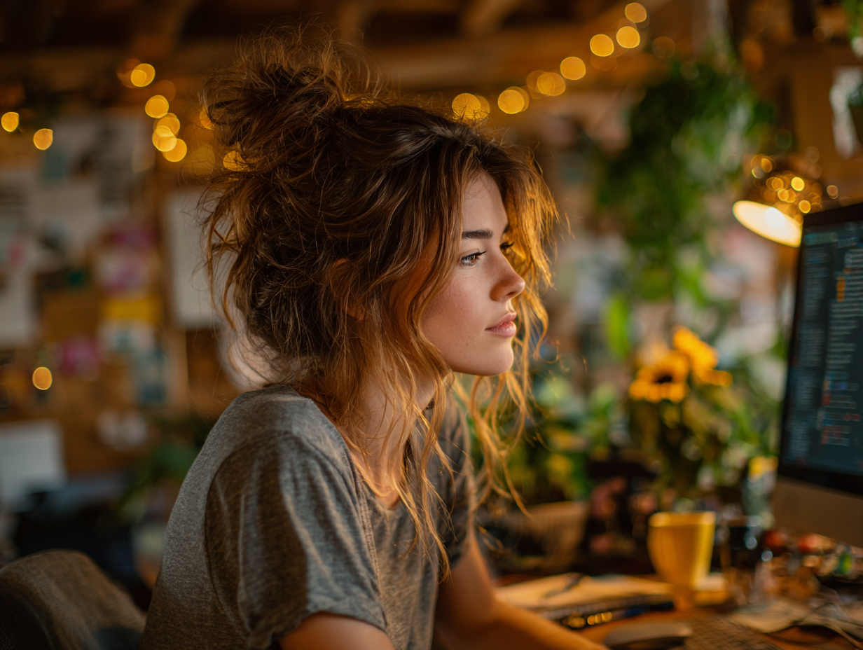 A creative female entrepreneur working at her desk, focused on her computer in a cozy, plant-filled workspace with warm lighting.