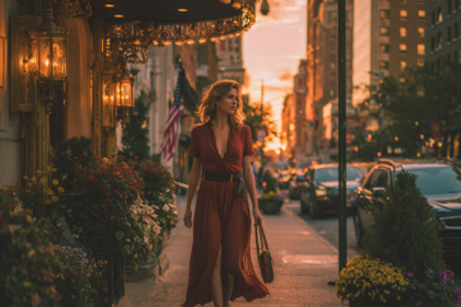 Stylish female influencer walking through a city street at sunset, representing modern personal branding and creative authority
