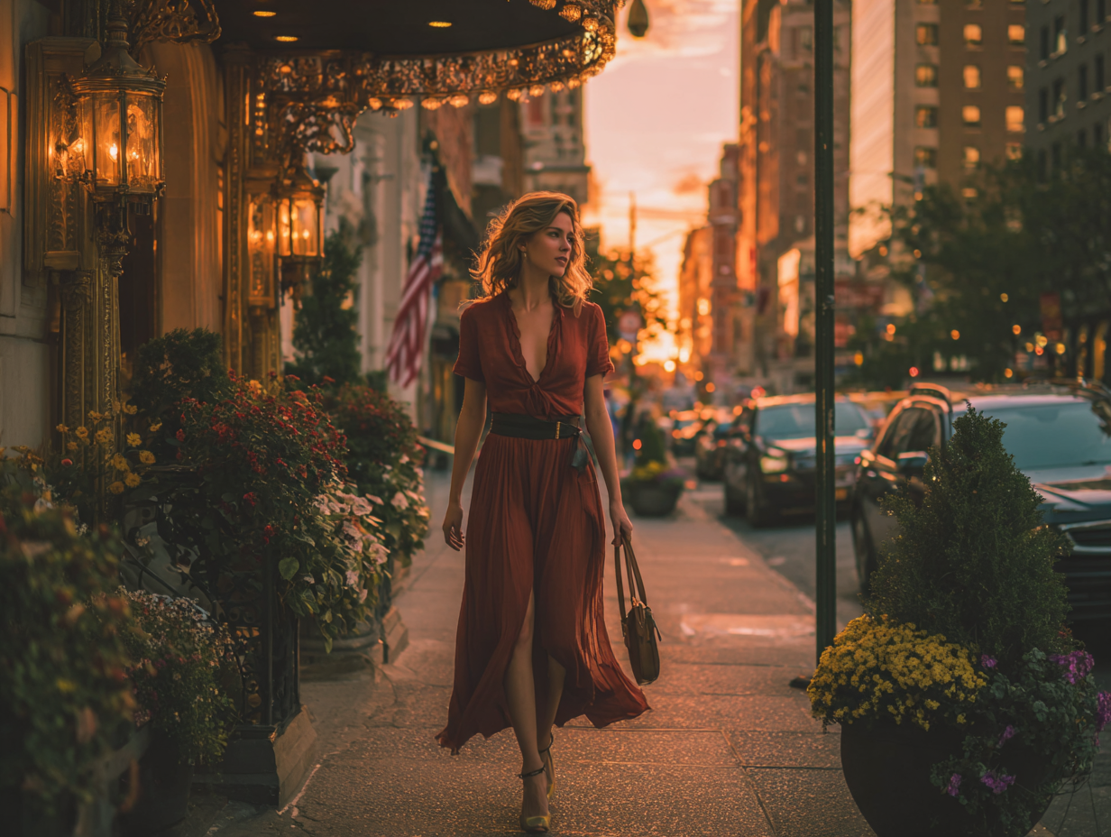 Stylish female influencer walking through a city street at sunset, representing modern personal branding and creative authority