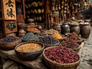 Traditional Chinese market with spices and dried goods displayed in wooden bowls
