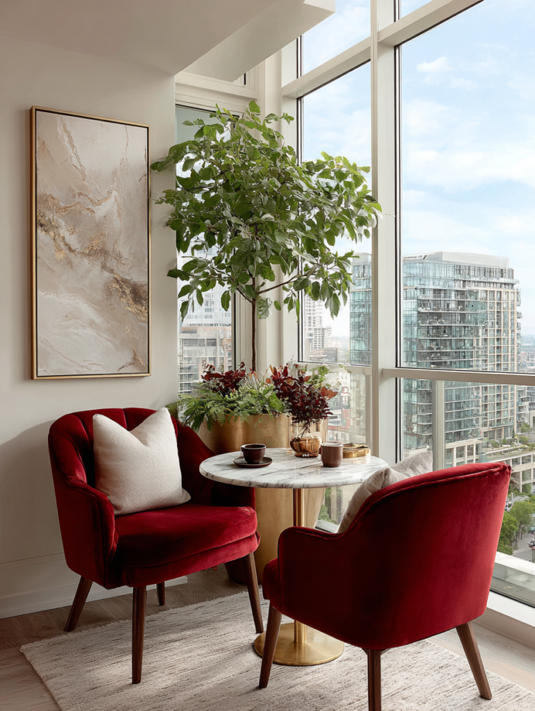 Two burgundy velvet chairs paired with a marble table, gold accents, and greenery in a modern neutral living room.