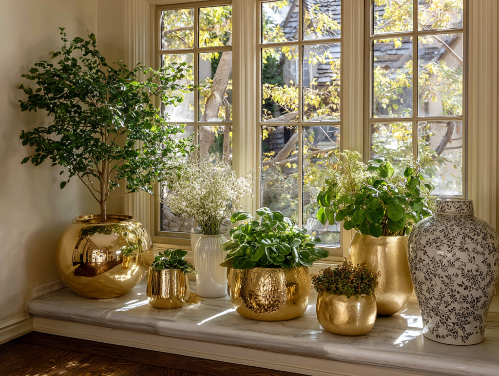 Gold planters with lush greenery styled on a marble surface, adding warmth and luxury to a neutral interior