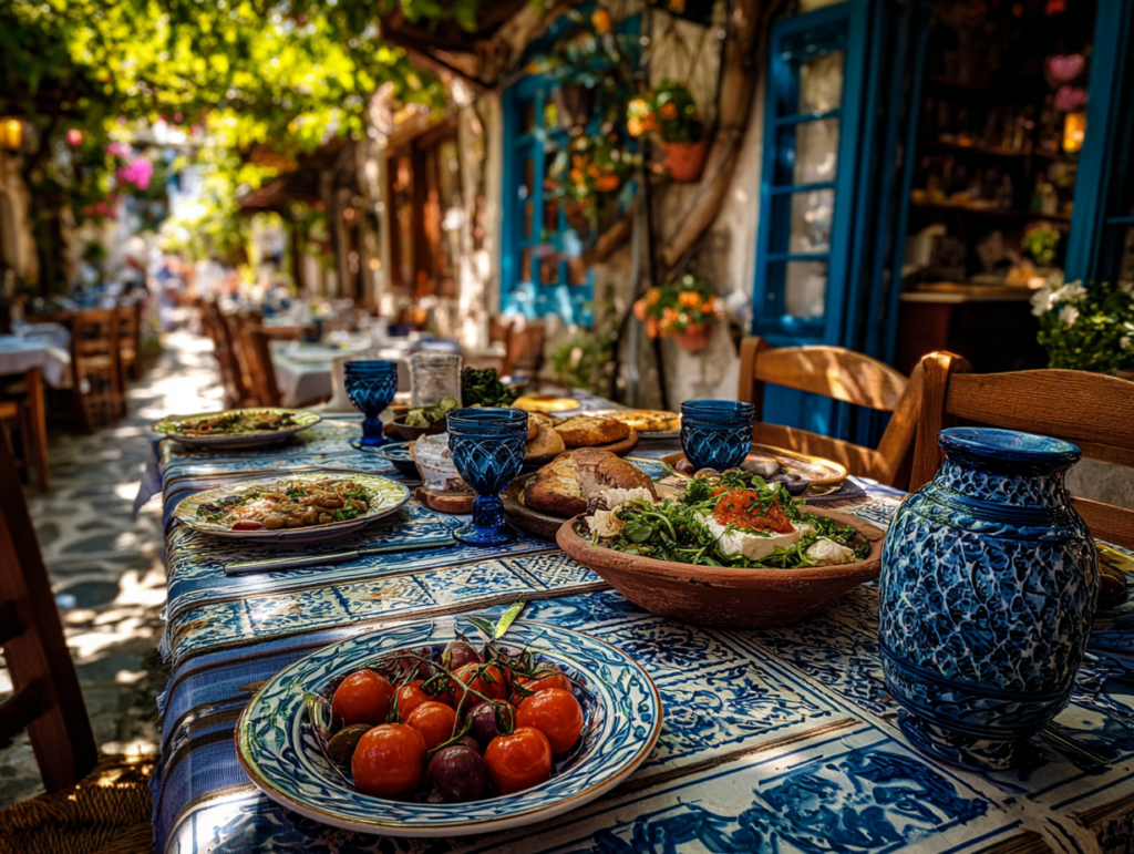 Traditional Greek outdoor taverna table with local dishes, blue ceramic tableware, and sunlit village setting