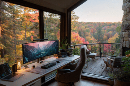 Elegant home office with ultra-wide monitor, clean desk setup, and panoramic forest view