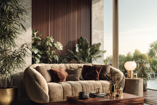 Modern living room showing the transition from ivory decor to warm brown tones with gold accents, greenery, and layered textures.