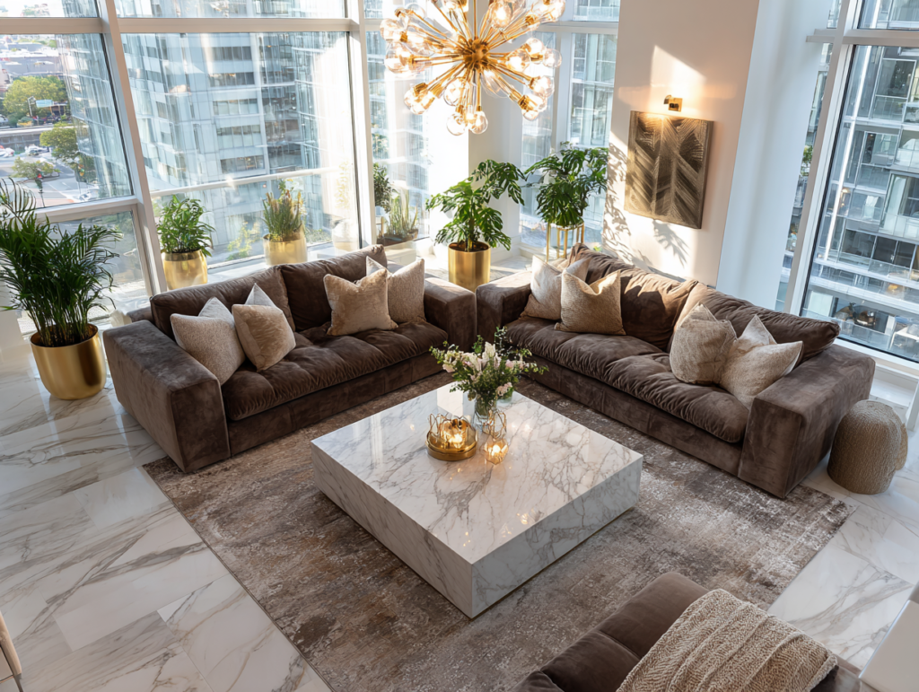 Modern living room transitioning from ivory to brown decor with rich brown sofas, gold planters, greenery, and layered textures.