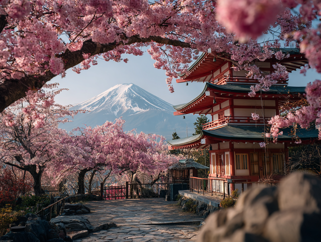 Cherry blossom trees framing a traditional Japanese pagoda with Mount Fuji in the background during spring