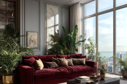 Elegant high-rise living room with a rich velvet sofa, oversized greenery, and floor-to-ceiling windows — modern condo décor inspiration.