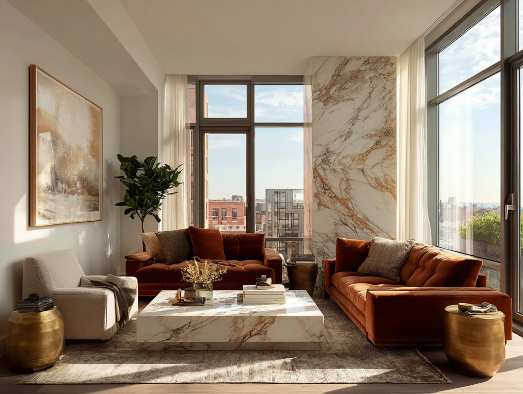 Modern high-rise living room with warm earth-toned sofas, a marble coffee table, tall indoor plant, gold side tables, and soft natural light.