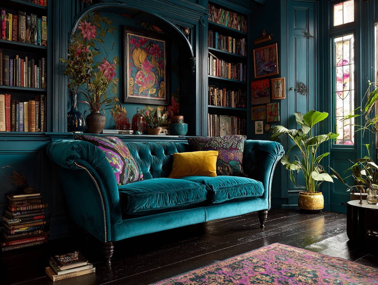 Maximalist living room with teal velvet sofa, bookshelves, vibrant art, plants, and warm natural light.