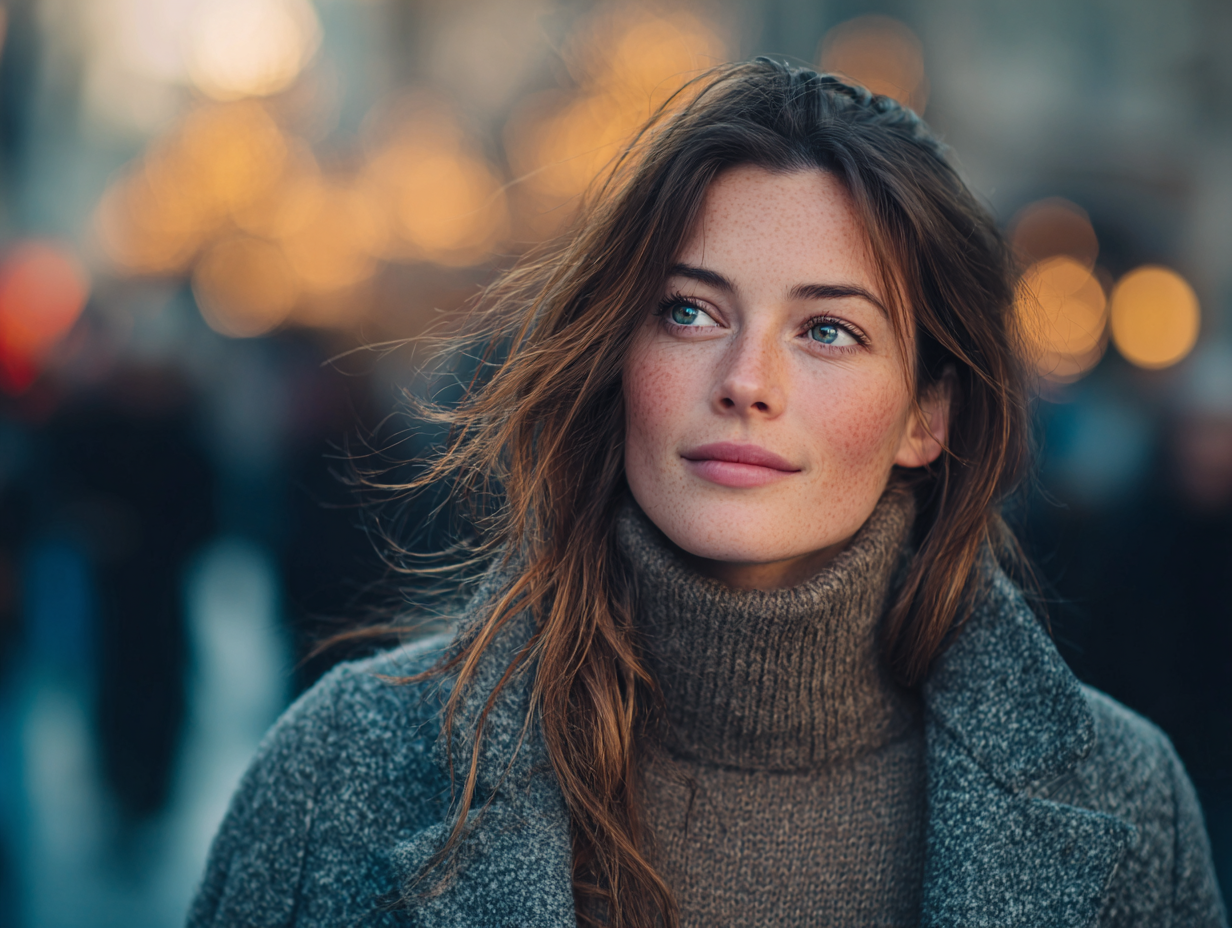 A thoughtful young woman in a city scene, symbolizing reflection on the meaning of money and happiness.