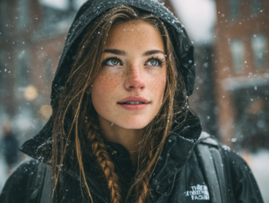 A woman with natural, glowing skin and minimal makeup standing in falling snow, showcasing the fresh no-makeup makeup look.