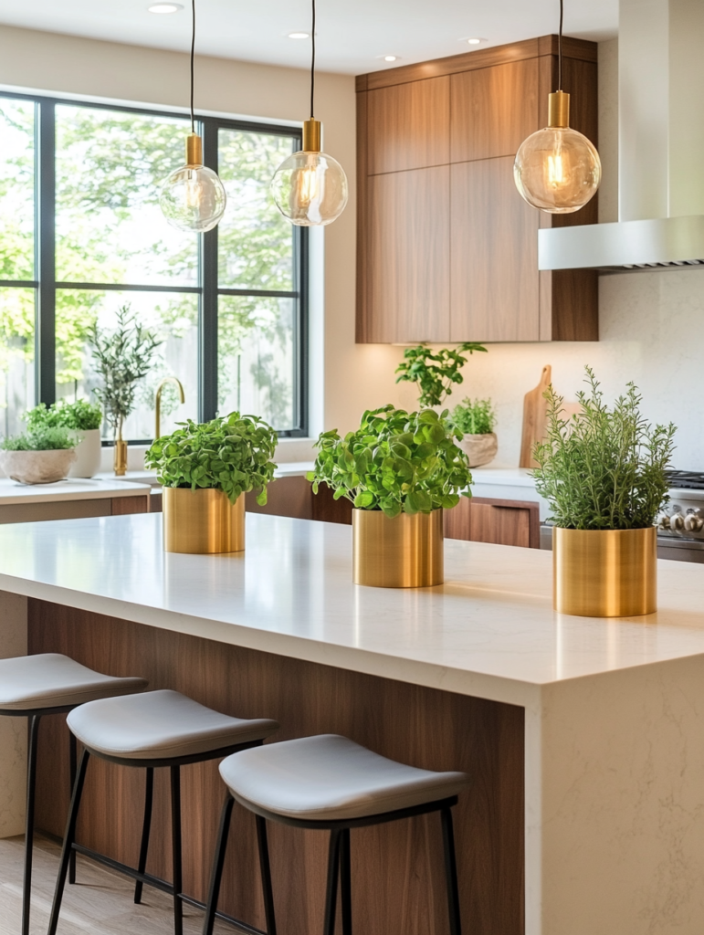 Gold planters with fresh herbs styled on a modern kitchen island with warm wood cabinetry