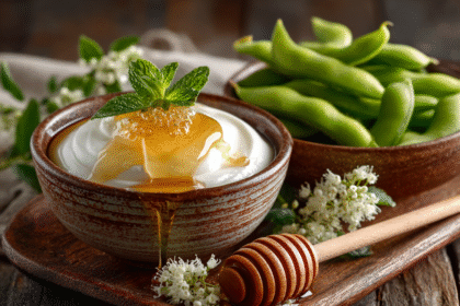 Bowl of Greek yogurt topped with honey beside a bowl of edamame, a high-protein power snack
