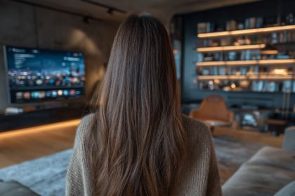 A woman sitting alone in a calm, modern living space, representing intentional solitude, creativity, and healthy lifestyle habits.