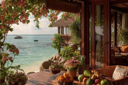 Oceanfront villa overlooking turquoise sea with tropical flowers and fresh fruit on the terrace. Title: Beach Resort Morning View