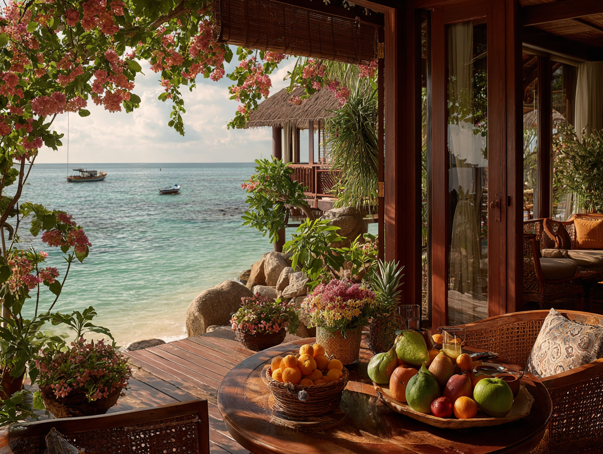 Oceanfront villa overlooking turquoise sea with tropical flowers and fresh fruit on the terrace. Title: Beach Resort Morning View