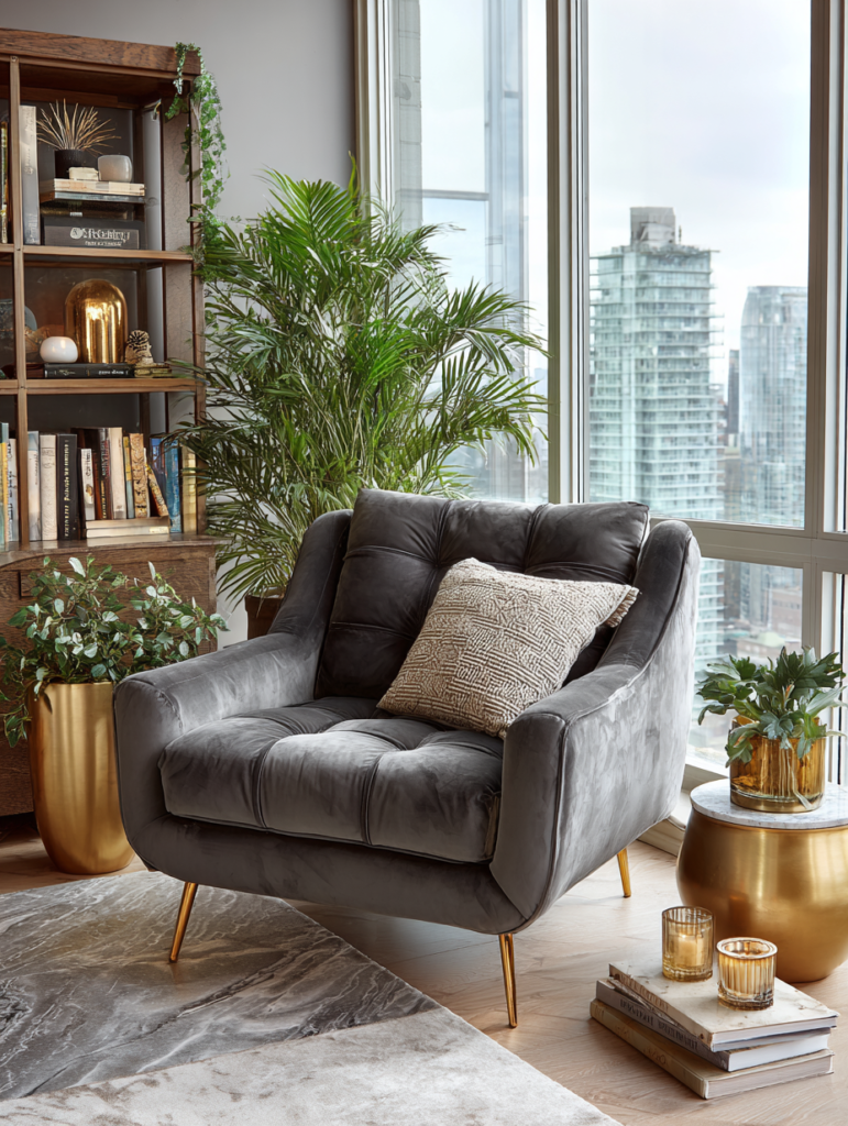 Grey velvet accent chair styled with gold planters and greenery in a modern apartment