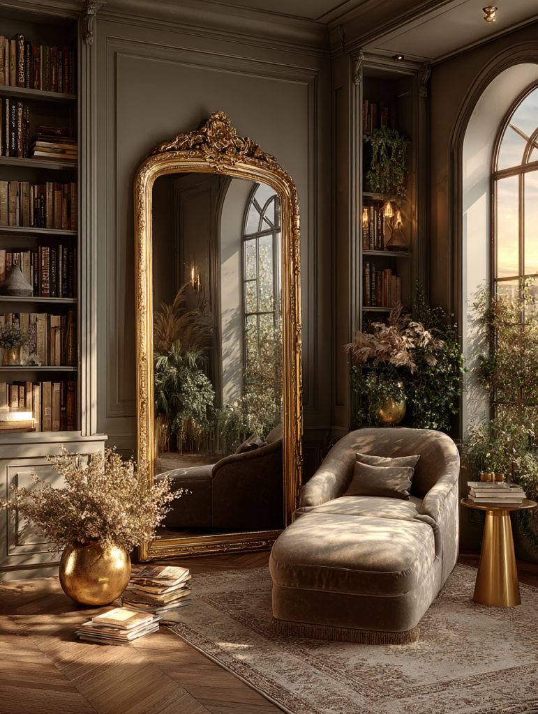 Ornate gold floor-length mirror styled in a luxurious living space with velvet seating