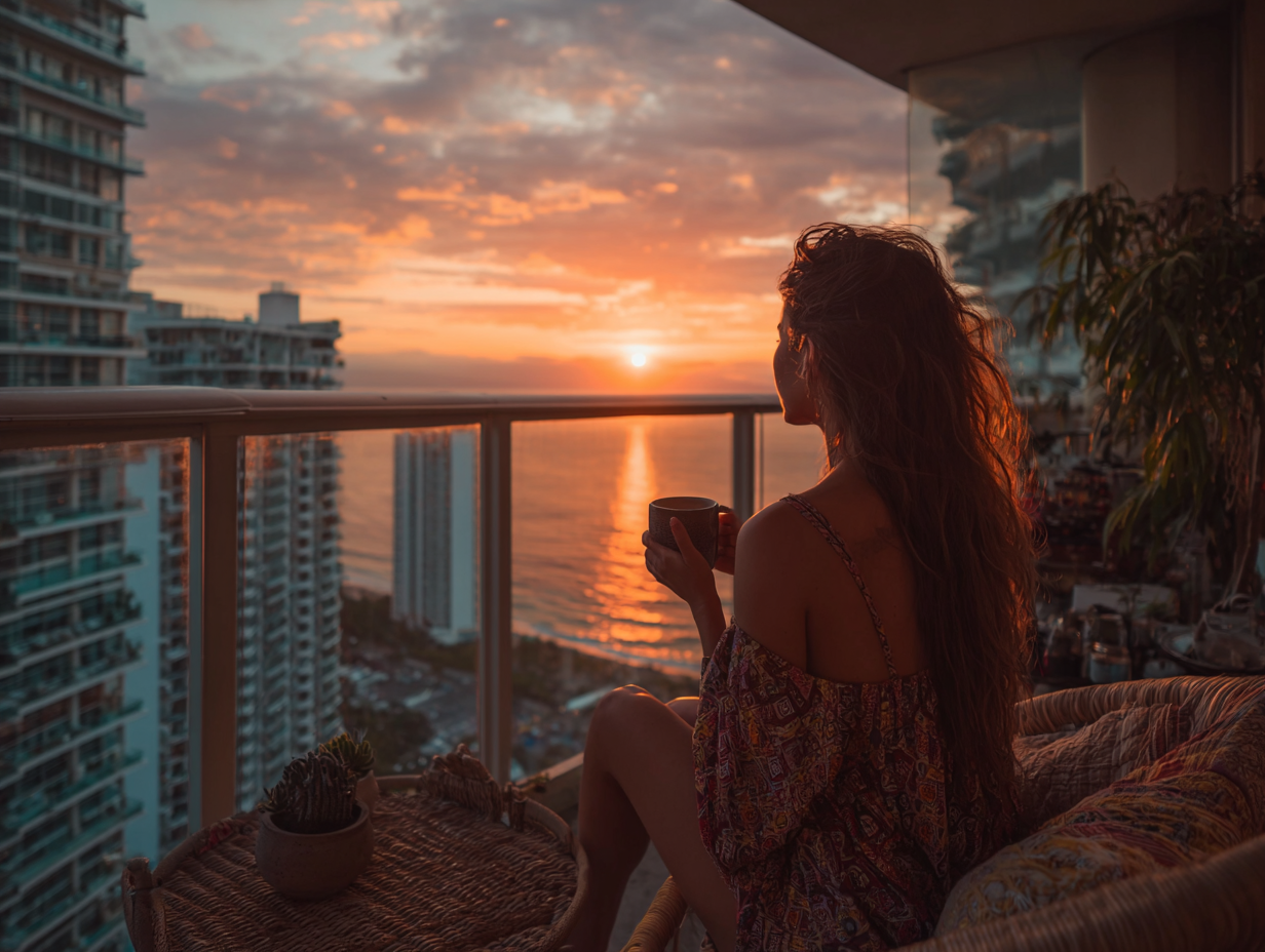 Woman sitting alone on a balcony at sunset, reflecting quietly with a cup of coffee, symbolizing self-awareness and inner fulfillment.