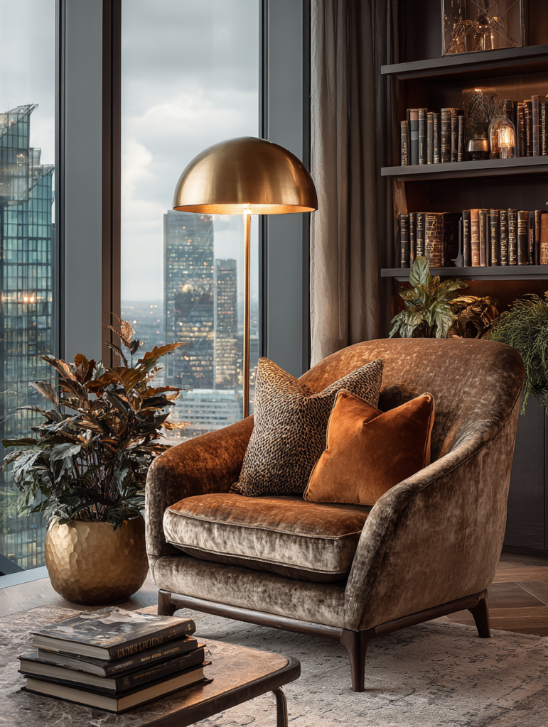 Brass sculptural floor lamp beside a velvet chair in a modern high-rise living room