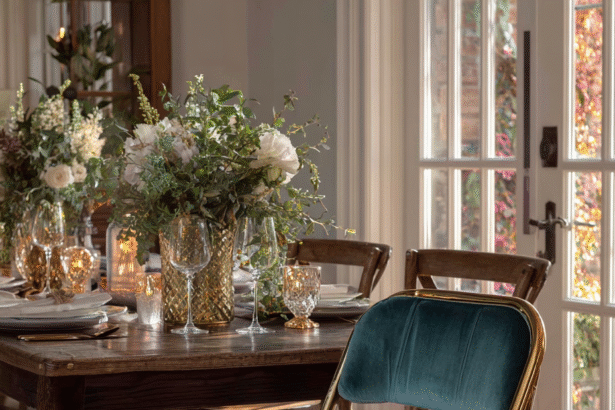 Teal velvet folding chair with a gold frame placed beside a rustic dining table with candles and floral arrangements.